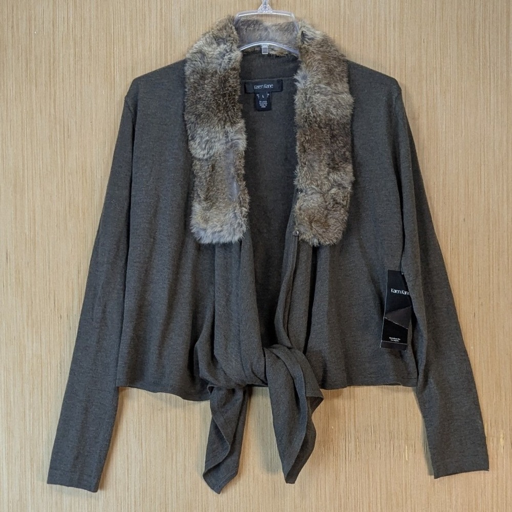 Karen Kane Emerald Earth Detachable‎ Fur Collar Tie Front Cardigan Sweater L NEW